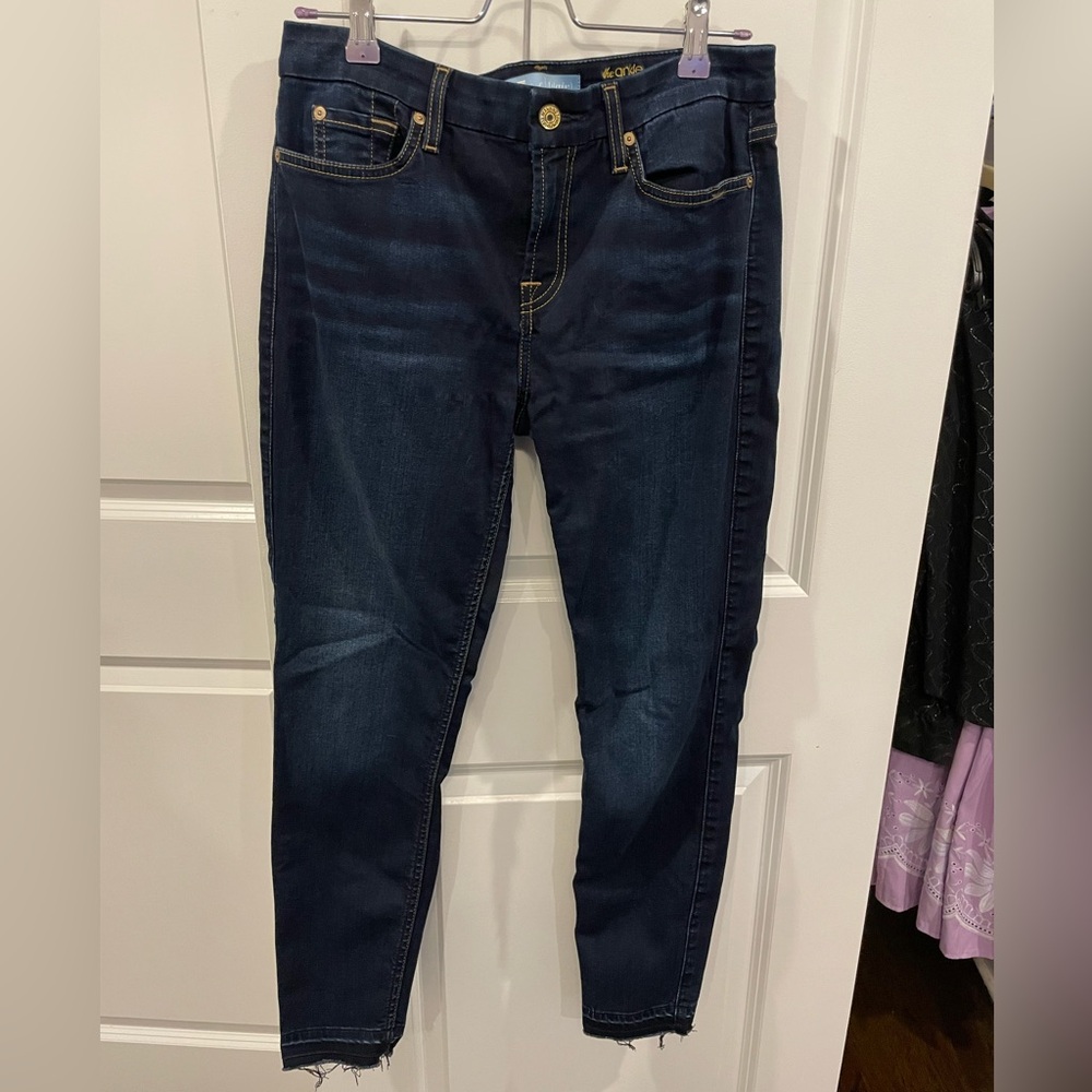 7 For All Mankind B(Air) Denim, The Ankle Skinny, Dark Wash with Raw Hem